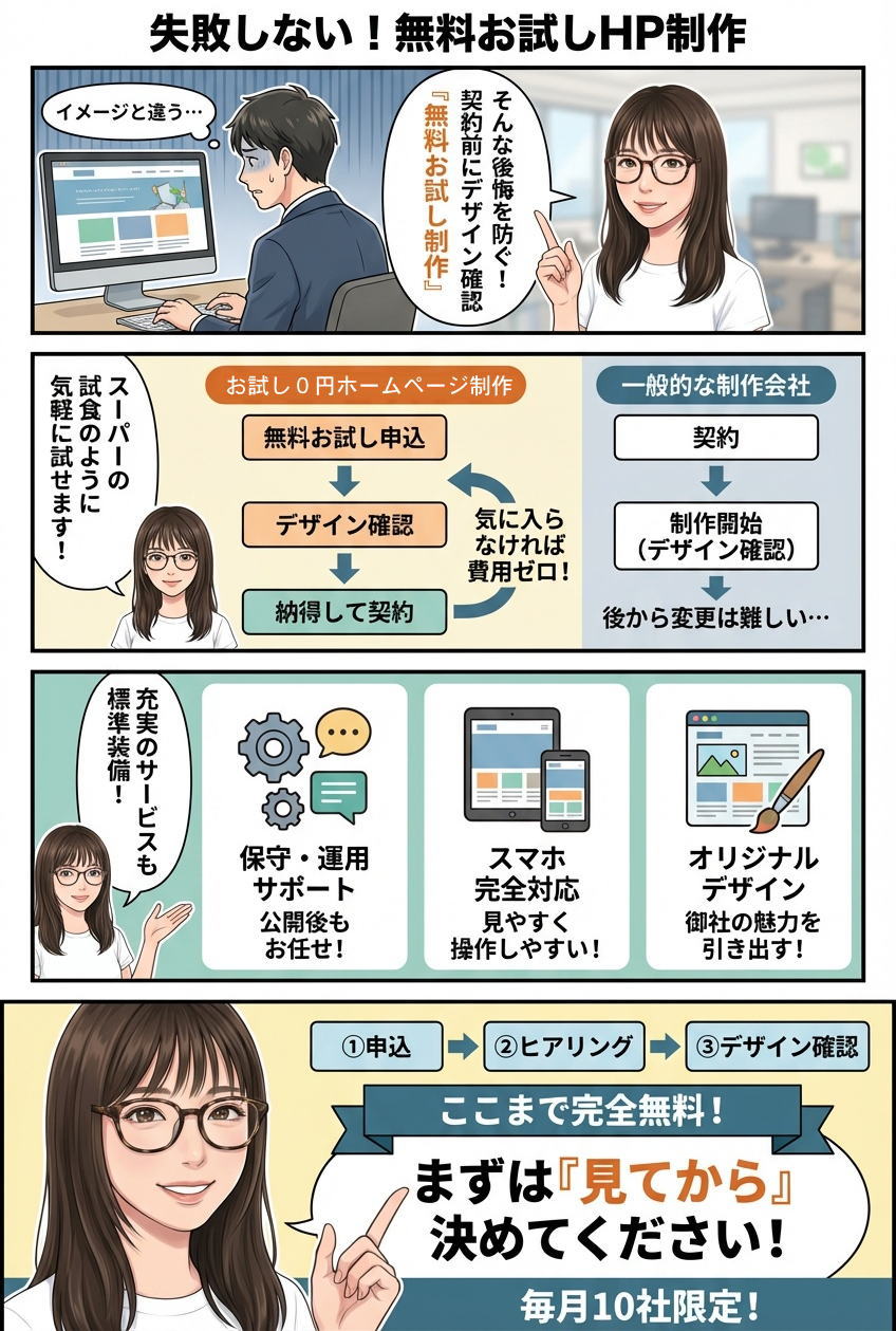 お試しホームページ制作の流れ 4コマ漫画