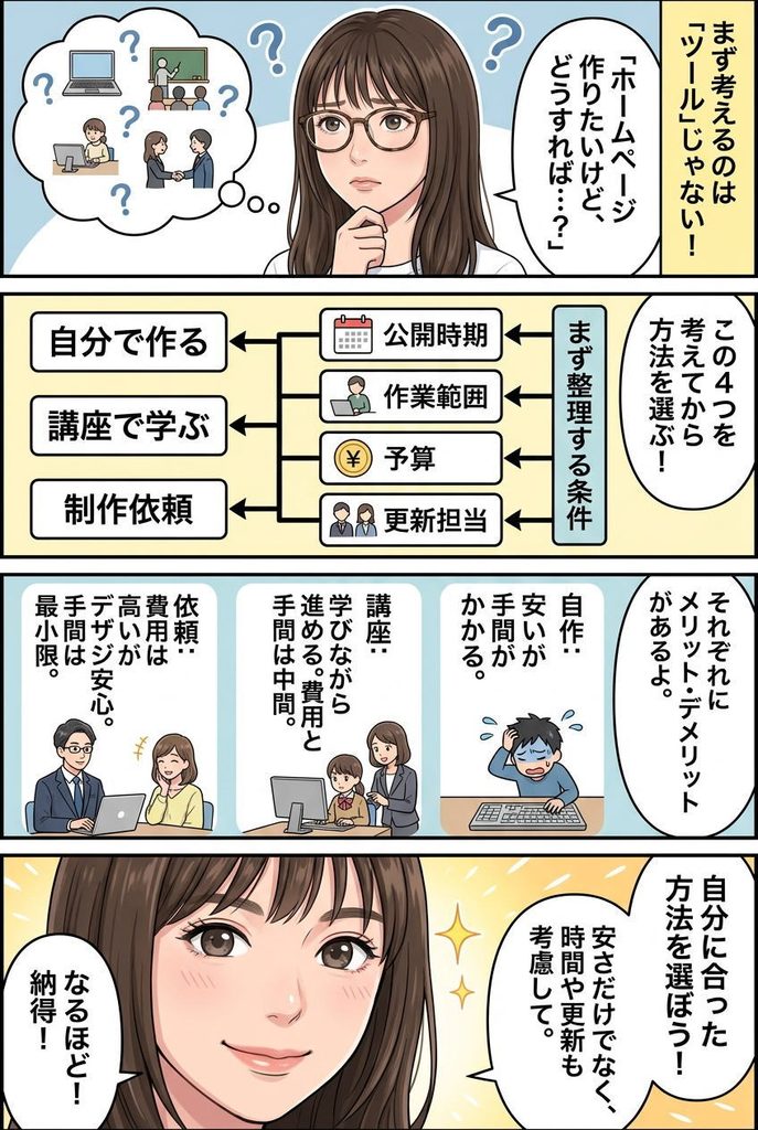 まんが：ホームページ制作は「自作・講座・依頼」のどれが合う？